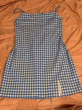 Blue and White Gingham Mini Slip Dress with Spaghetti Straps